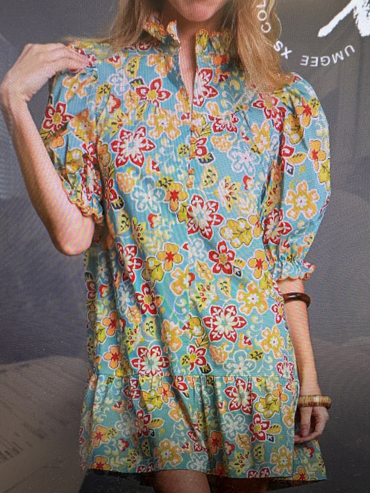 HIGH NECK BUTTON DOWN MINI DRESS SCALLOPED - BLUE MIX