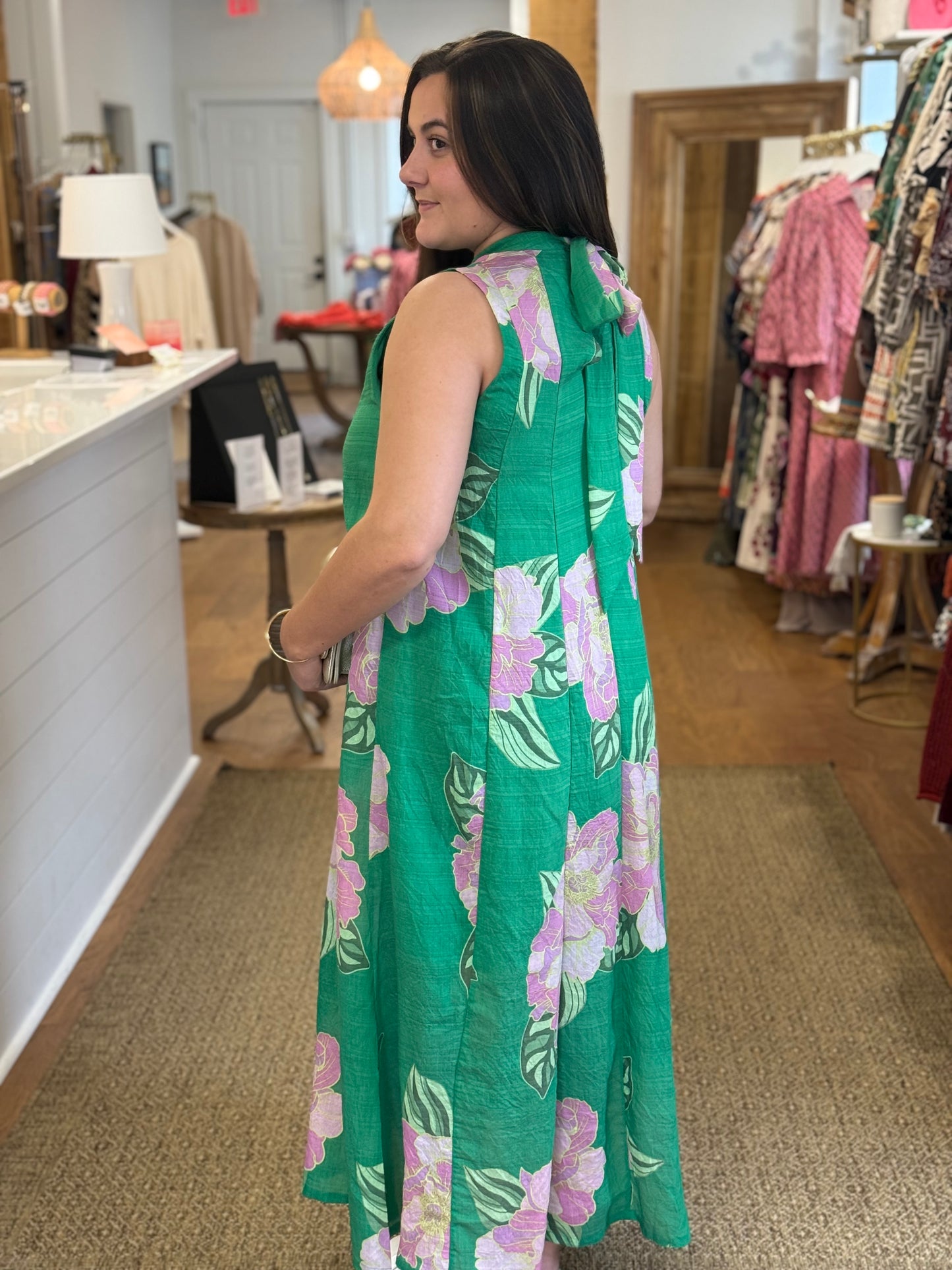 SLEEVELESS FLORAL DRESS - GREEN