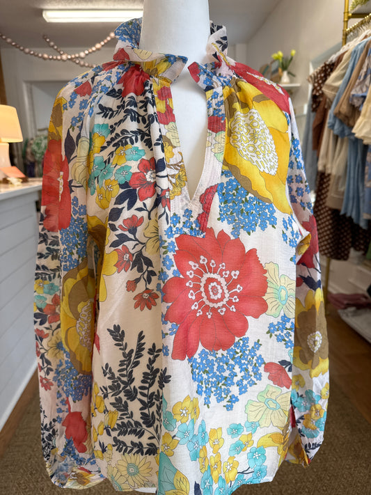 FLORAL PRINT LONG SLEEVE TOP - MIXED FLORAL