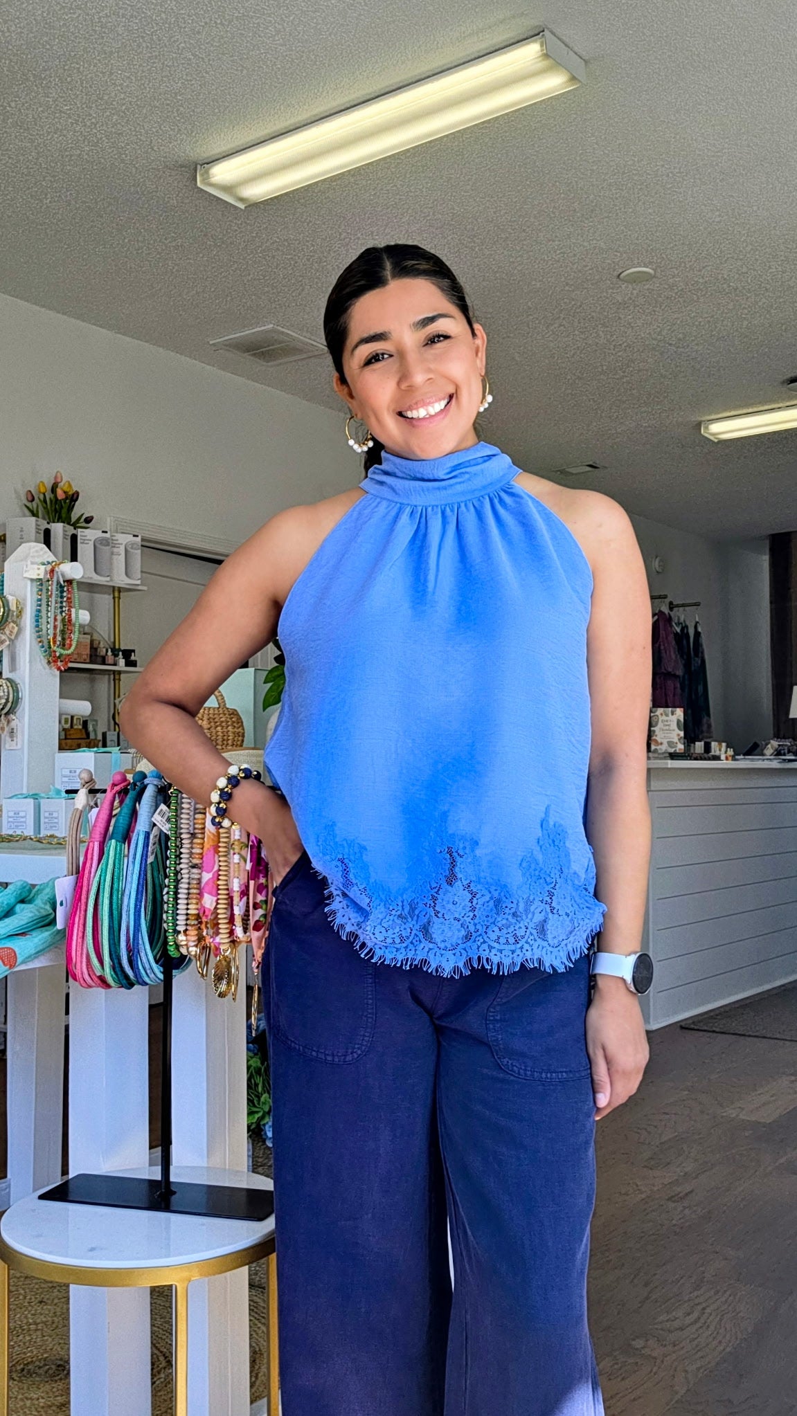 SLEEVELESS HALTER TOP WITH HIGHNECK  LACE TRIM HEM - CHAMBRAY
