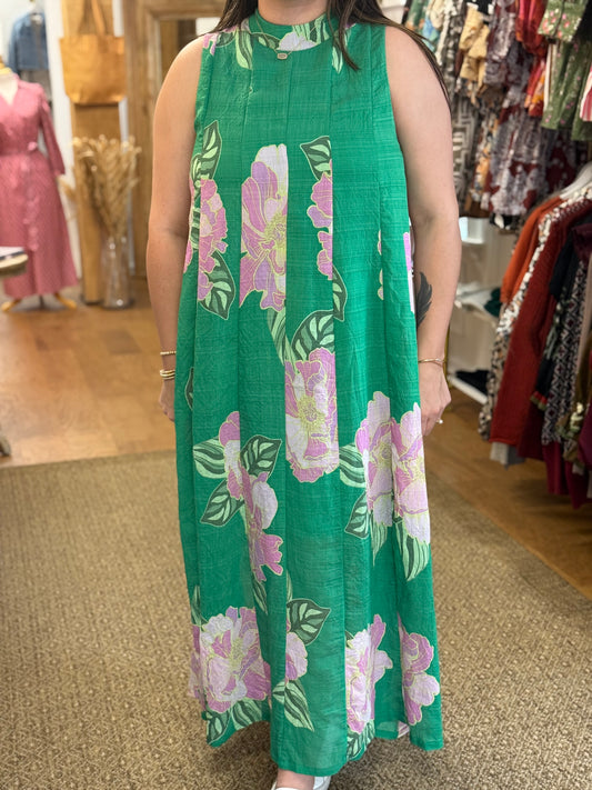 SLEEVELESS FLORAL DRESS - GREEN