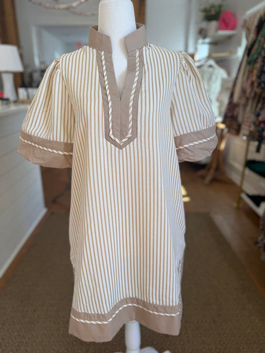 PUFF SLEEVE STRIPE DRESS - OATMEAL