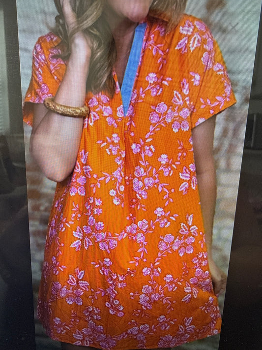 SHORT SLEEVE BUTTON UP FLORAL PATTERN DRESS - ORANGE