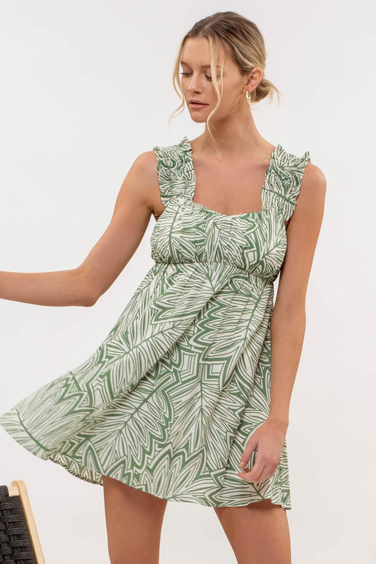 LEAF PRINT RUCHED MINI DRESS - GREEN