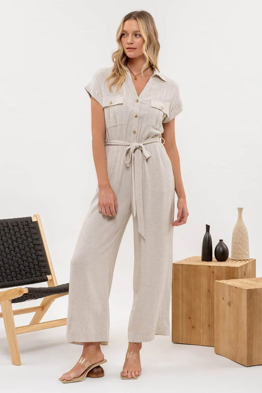 BUTTON DOWN BELTED WIDE LEG JUMPSUIT - NATURAL
