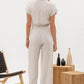 BUTTON DOWN BELTED WIDE LEG JUMPSUIT - NATURAL