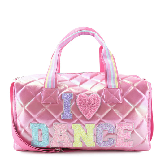 I LOVE DANCE QUILTED METALLIC LARGE DUFFLE BAG - PINK