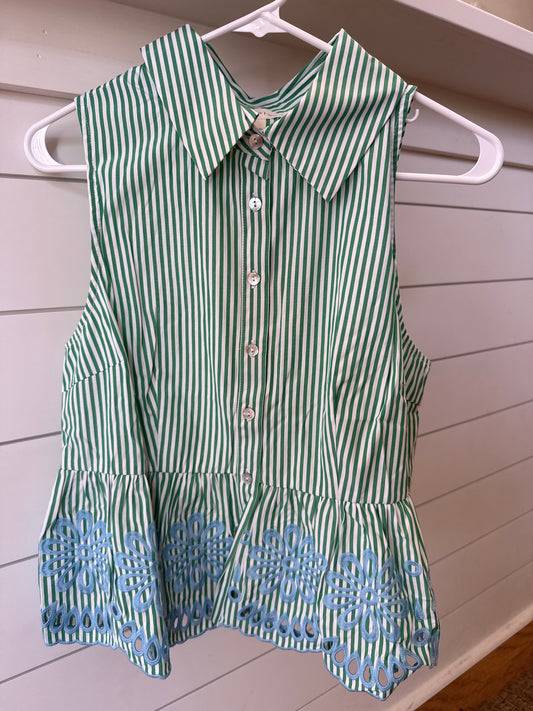 STRIPED FLORAL EMBROIDERY TOP - GREEN