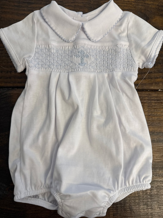 BLESSED BLUE SMOCKED COLLARED SS BOY BUBBLE