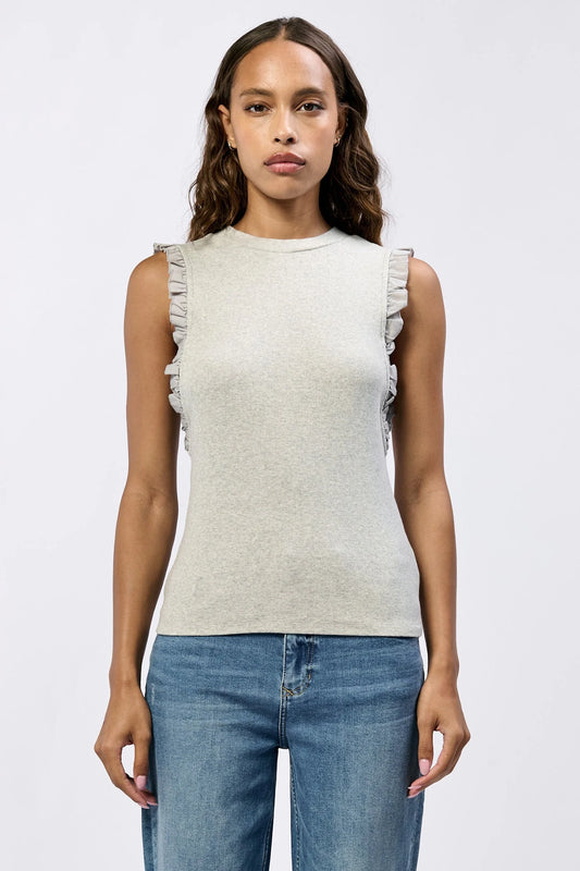 BRIDGET RUFFLE TRIMMED TOP - HEATHER GREY
