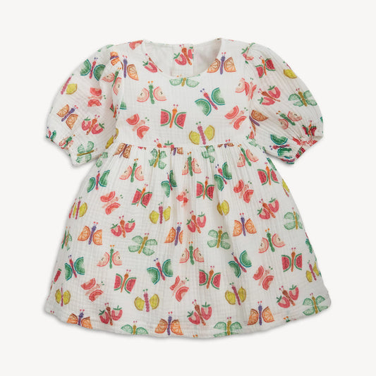 FRUIT FLIES WOVEN PUFF SLEEVE DRESS