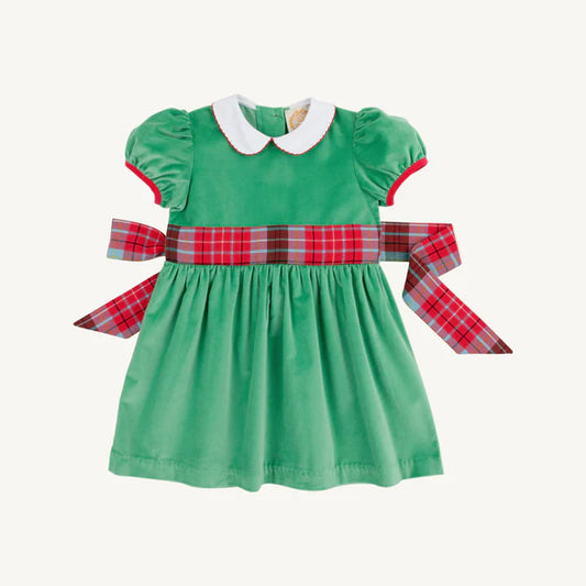 CINDY LOU SASH DRESS VELVETEEN - KIAWAH KELLY GREEN