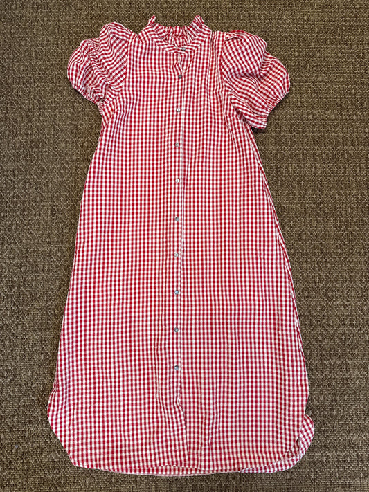 GINGHAM HIGH NECK MIDI DRESS - RED