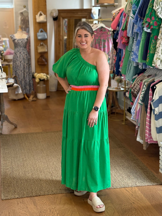 OFF THE SHOULDER TIERED DRESS - GREEN