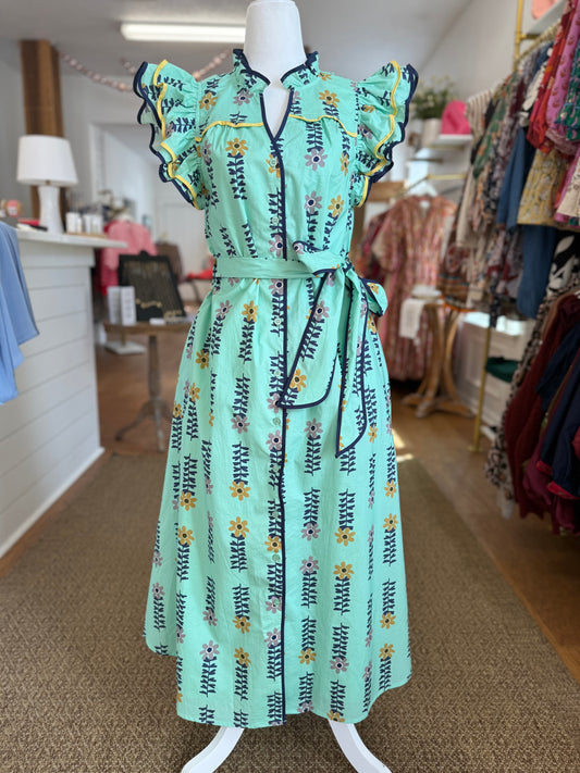 FLORAL FLUTTER SLEEVE MIDI DRESS - MINT