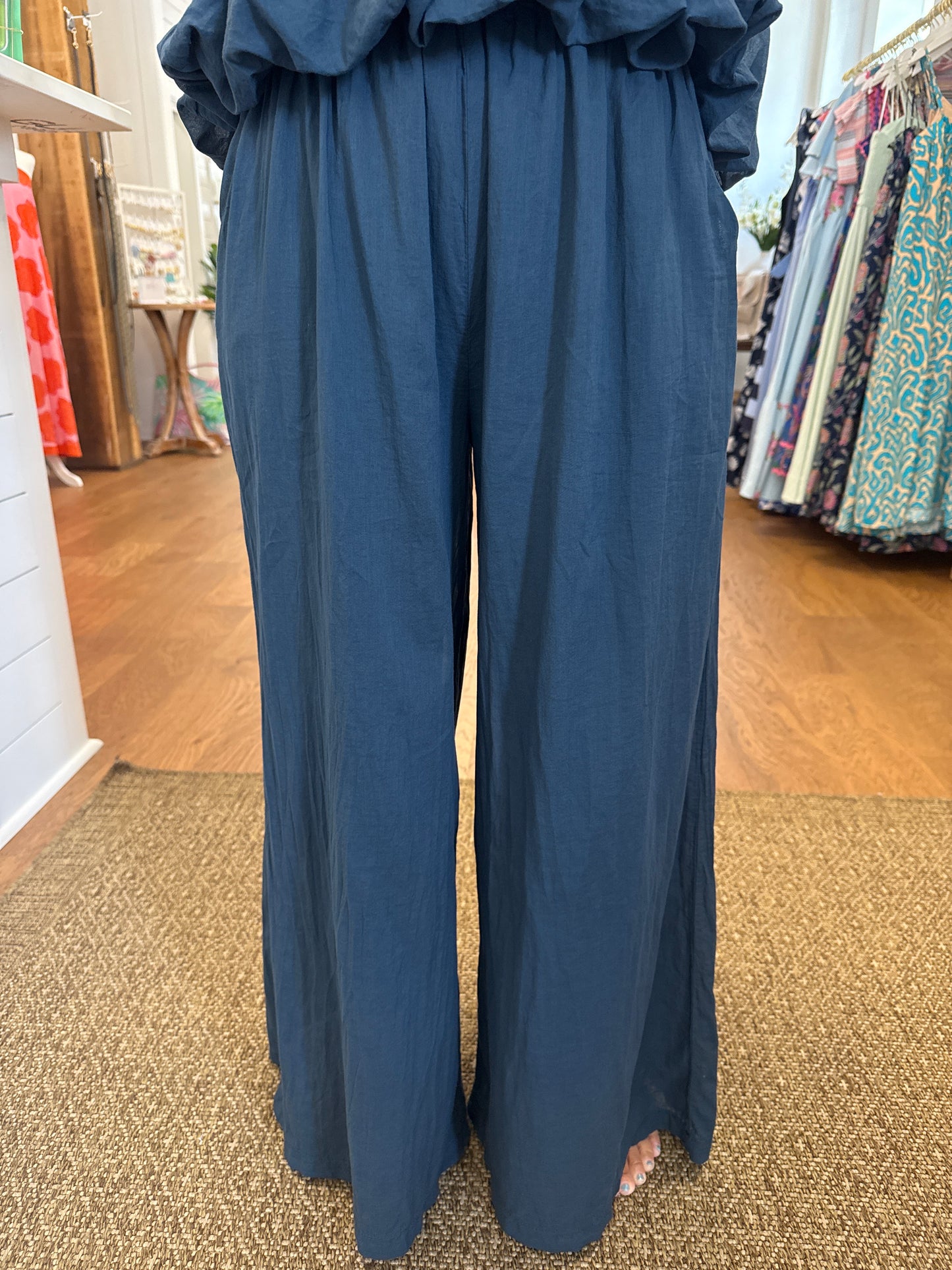 WIDE LEG COTTON PALAZZO PANTS - NAVY BLUE