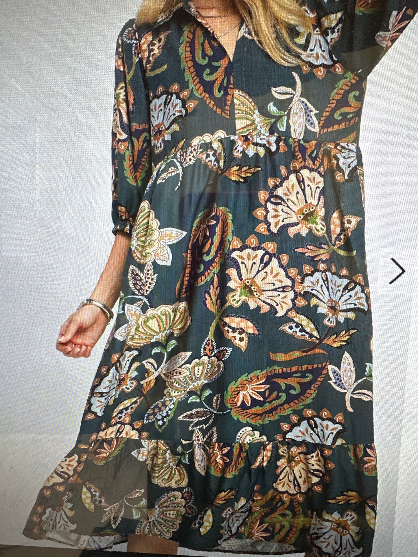 LINING PRINTED COLLARED MIDI DRESS - TEAL