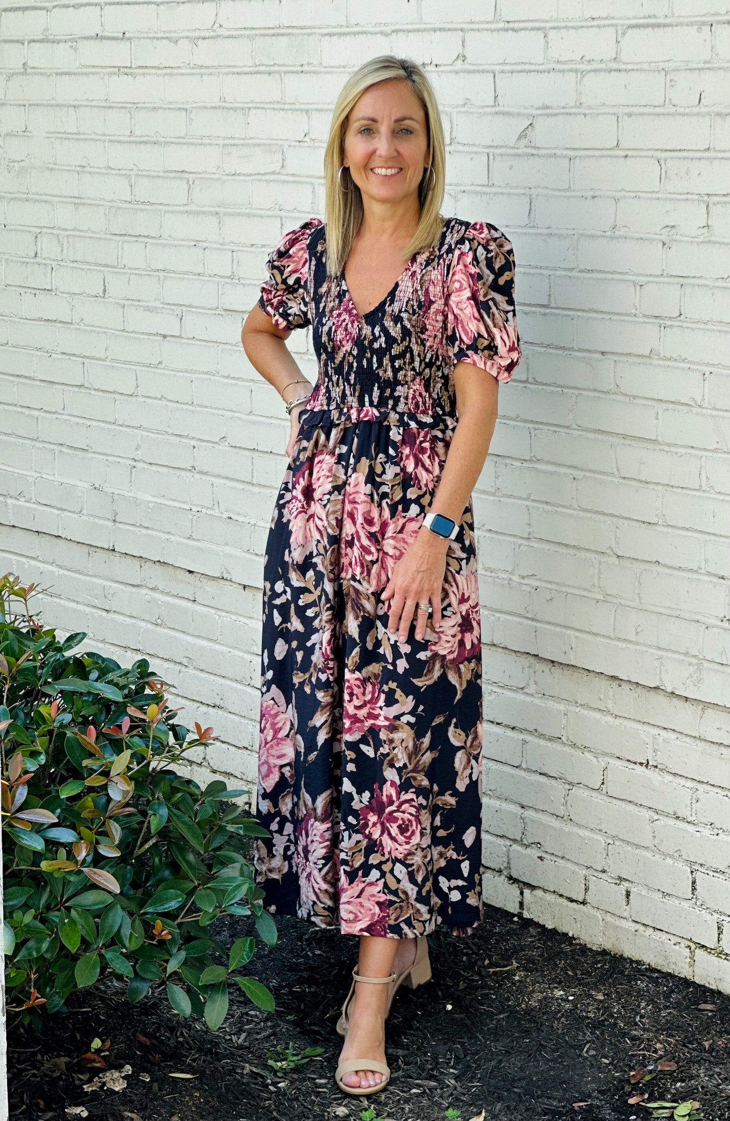 V NECK FLORAL DRESS - BLACK