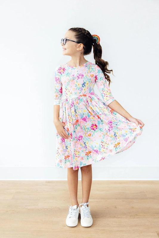FIELD OF FLOWERS 3/4 SLEEVE POCKET TWIRL DRESS