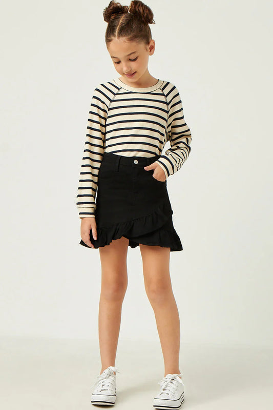 GIRLS RUFFLE TRIMMED TWILL SKIRT  - BLACK