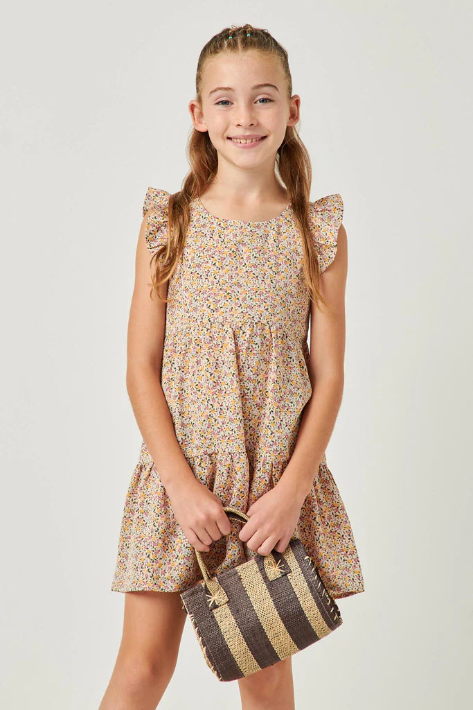 FLORAL RUFFLE TIERED SLEEVELESS DRESS - BLUSH