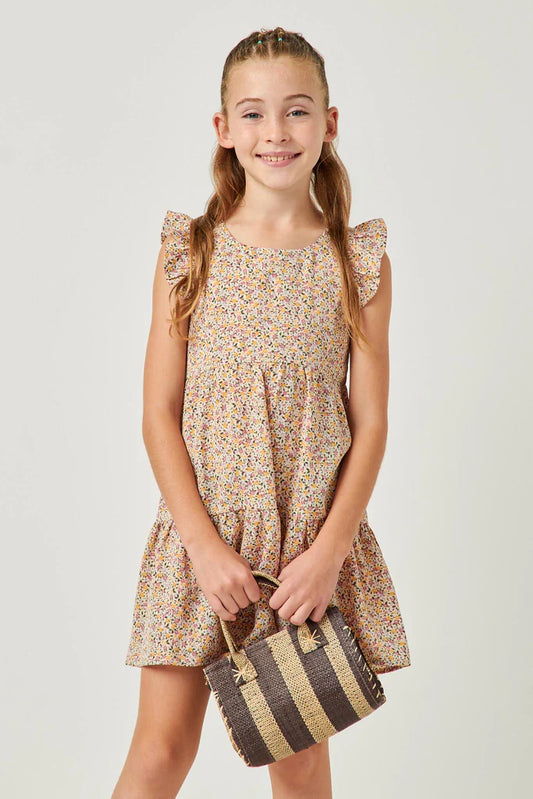 FLORAL RUFFLE TIERED SLEEVELESS DRESS - BLUSH