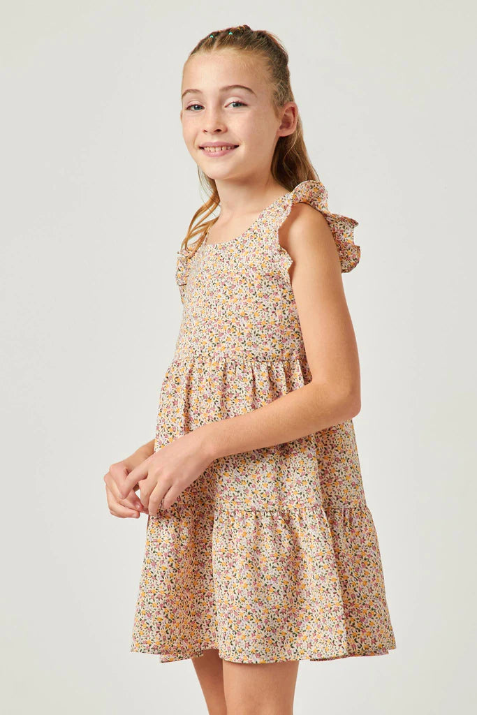 FLORAL RUFFLE TIERED SLEEVELESS DRESS - BLUSH