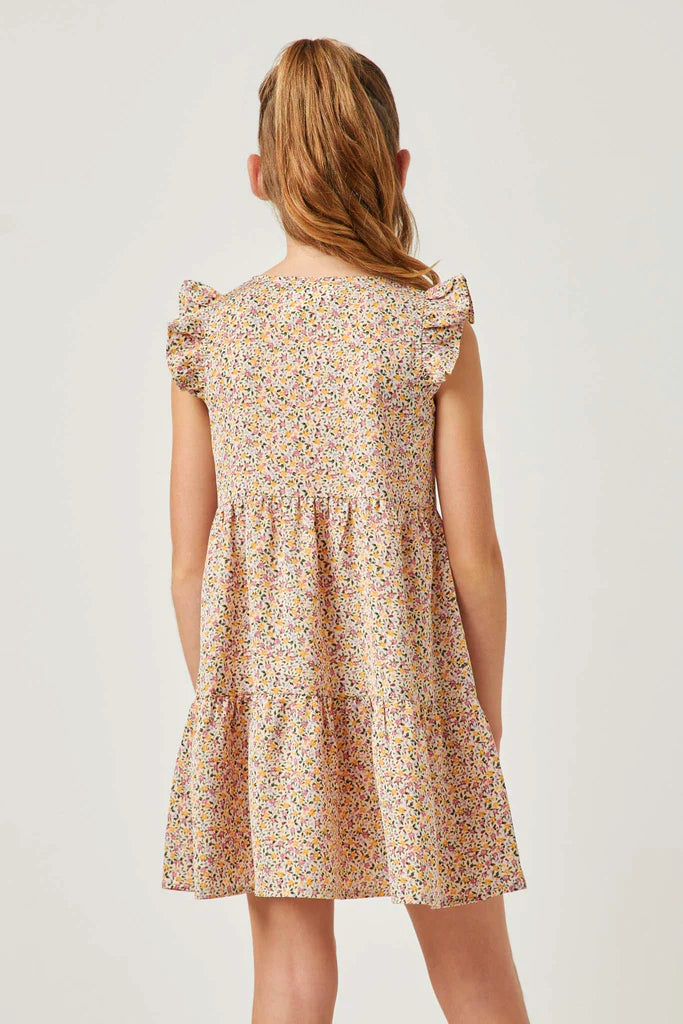 FLORAL RUFFLE TIERED SLEEVELESS DRESS - BLUSH