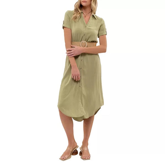 BUTTON DOWN BELTED MIDI DRESS - OLIVE