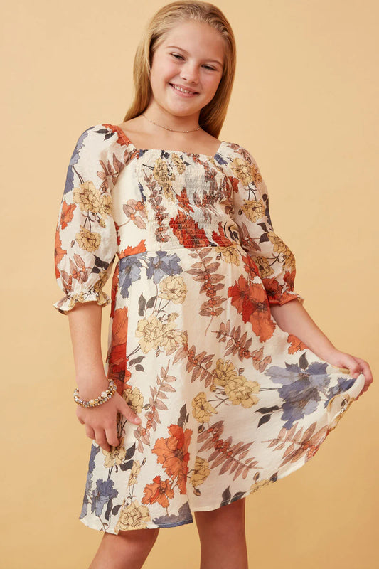 TEXTURED FLORAL SMOCKED SQUARE NECK DRESS - RUST