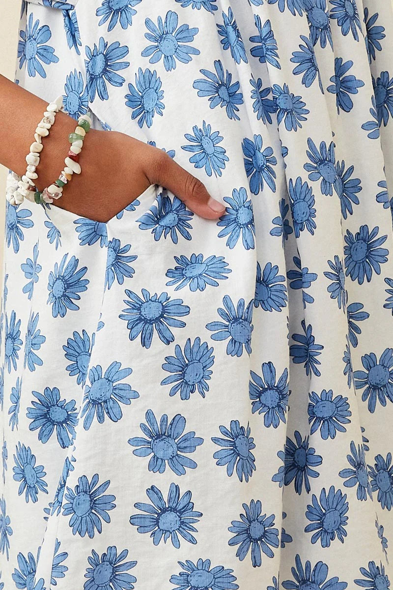 GIRLS TIE SLEEVE FLORAL SQUARE NECK DRESS - BLUE