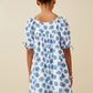 GIRLS TIE SLEEVE FLORAL SQUARE NECK DRESS - BLUE