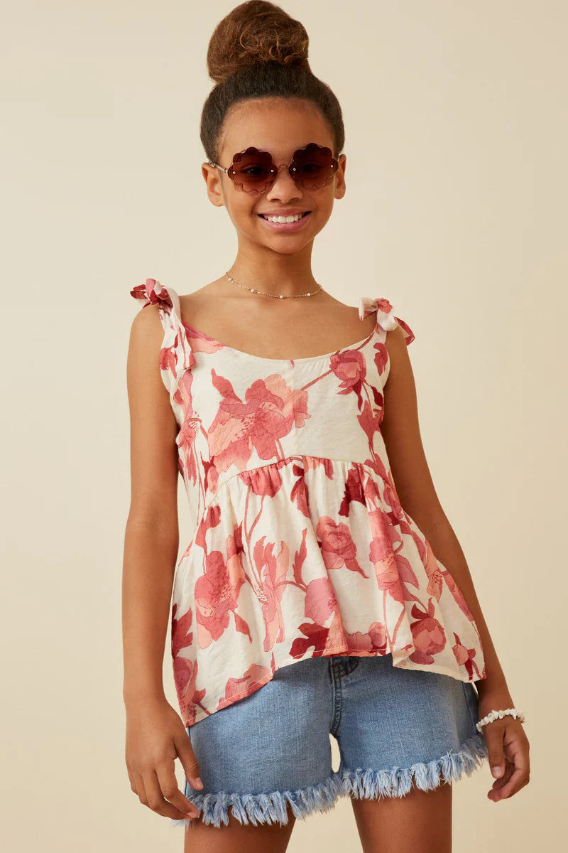 GIRLS FLORAL TIE SHOULDER TOP - RED