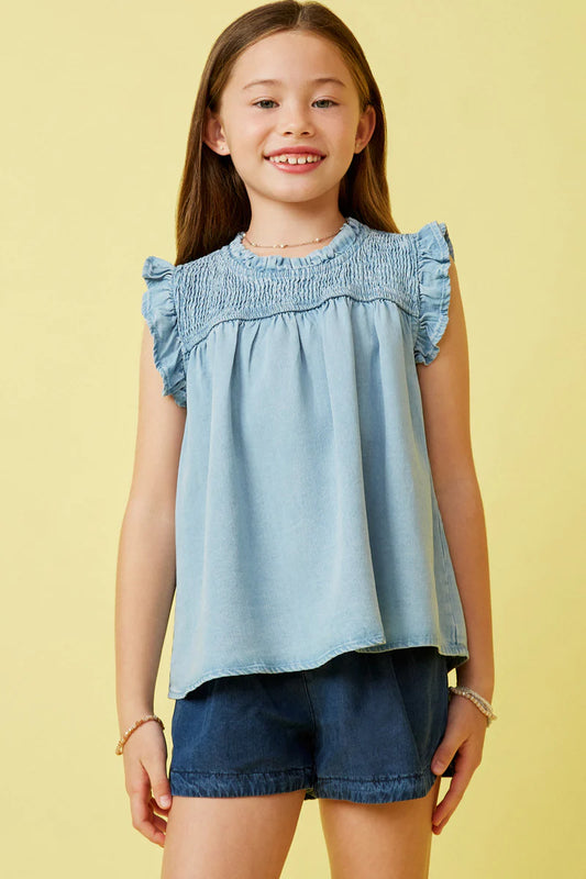 GIRLS RUFFLE DETAILED SMOCKED DENIM TENCEL TANK - LIGHT DENIM