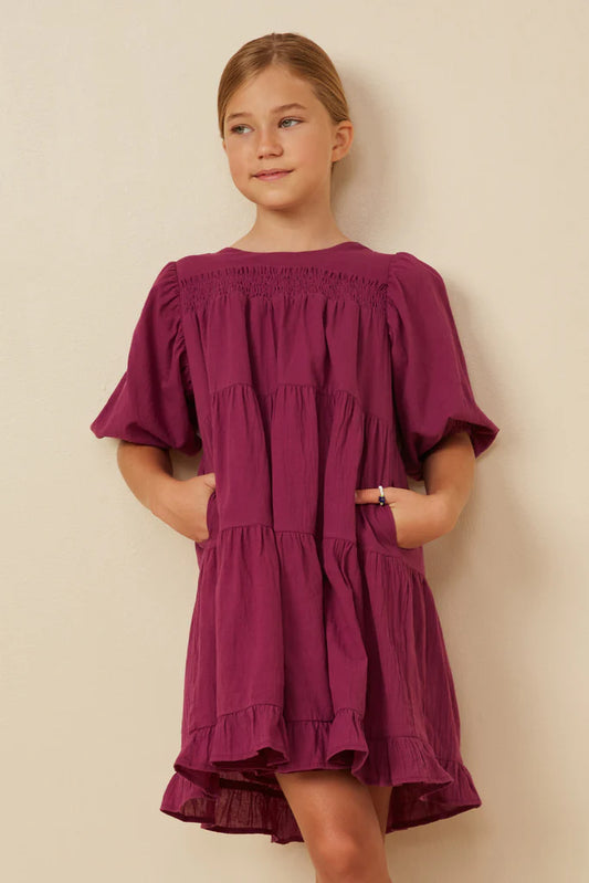 TEXTURED RUFFLE TIERED DRESS - BERRY