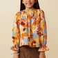 ABSTRACT FLORAL SMOCKED TOP - BROWN