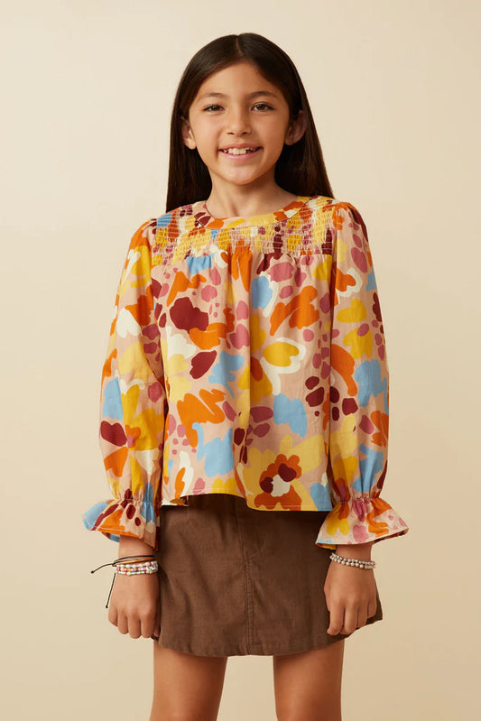 ABSTRACT FLORAL SMOCKED TOP - BROWN