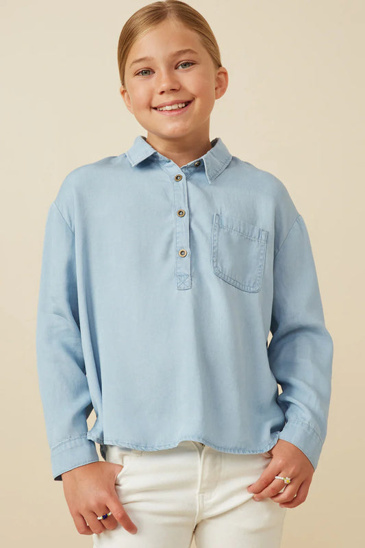CHEST POCKET TENCEL POLO SHIRT - LIGHT DENIM