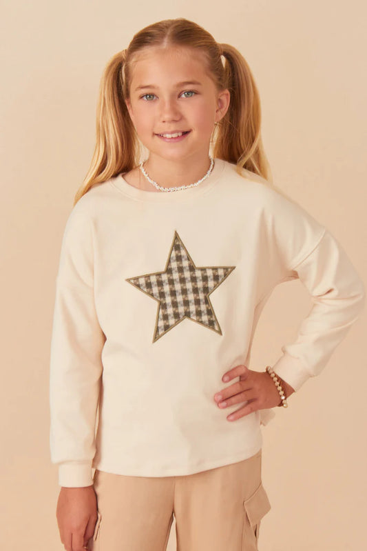 HOUNDSTOOTH STAR EMBROIDERED PATCH KNIT TOP - CREAM