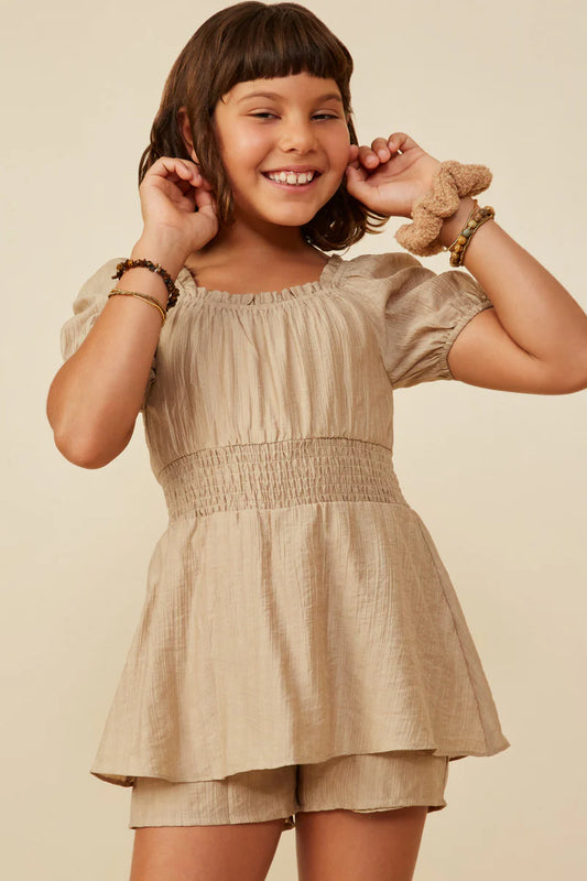 GIRLS SMOCKED WAIST CHECKER TEXTURE SKIRT ROMPER