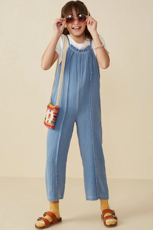 GIRLS WASHED GAUZE TEXTURED FRINGED JUMPSUIT - DENIM