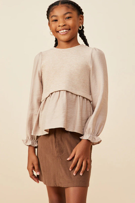 MIX MEDIA RIBBED KNIT TWOFER TOP - TAUPE