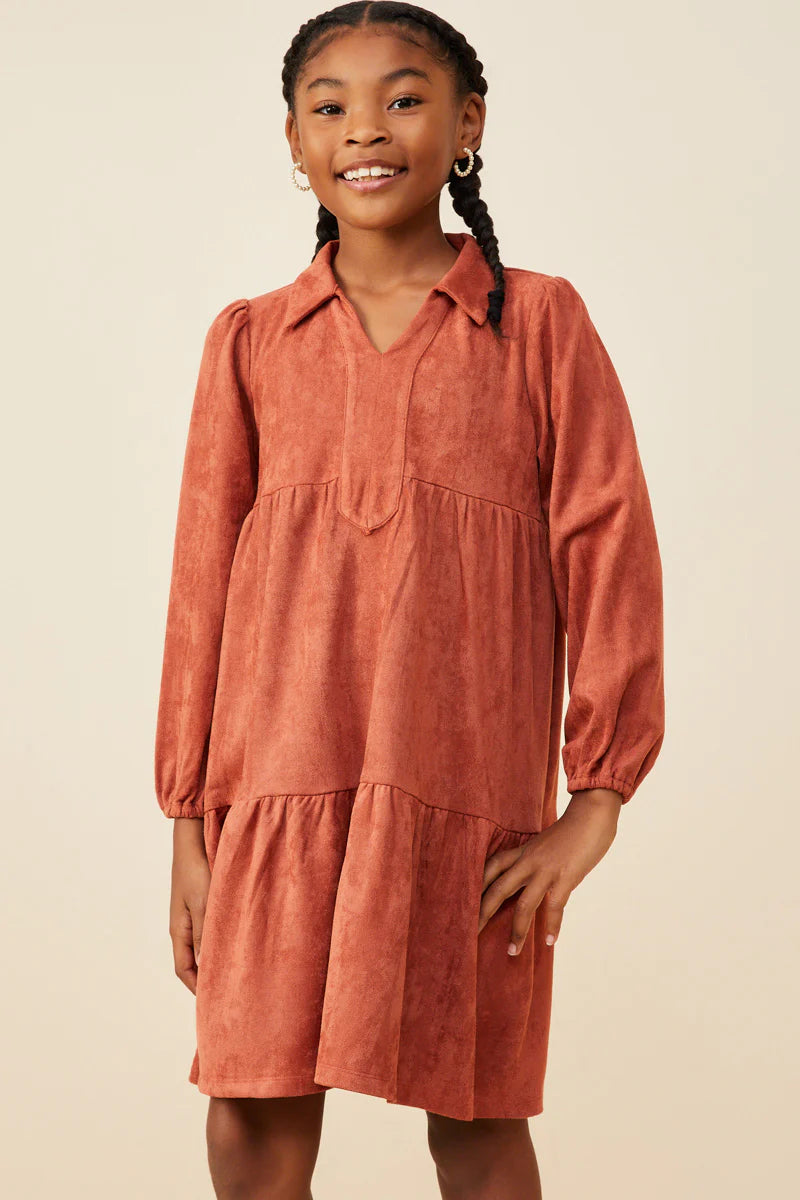 OPEN COLLAR VEGAN SUEDE SWING DRESS - RUST