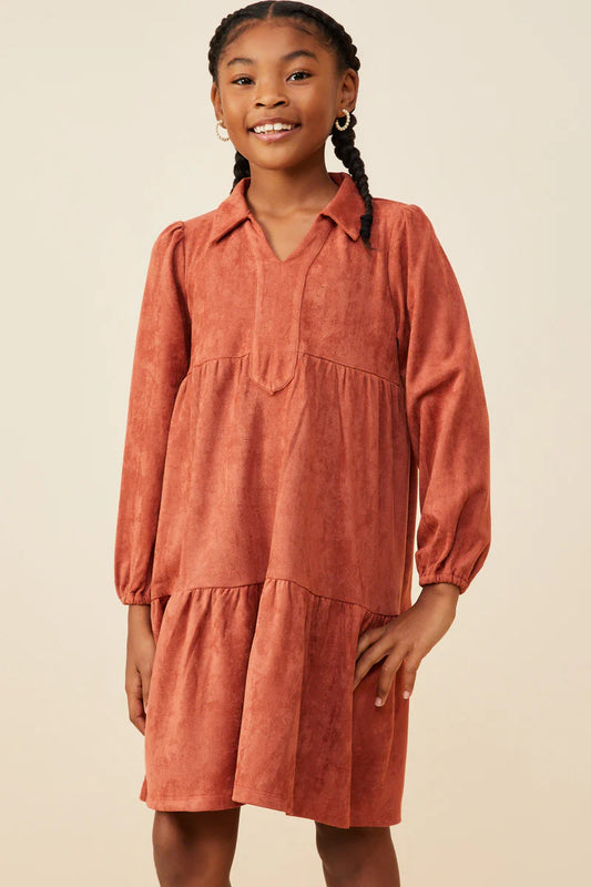 OPEN COLLAR VEGAN SUEDE SWING DRESS - RUST