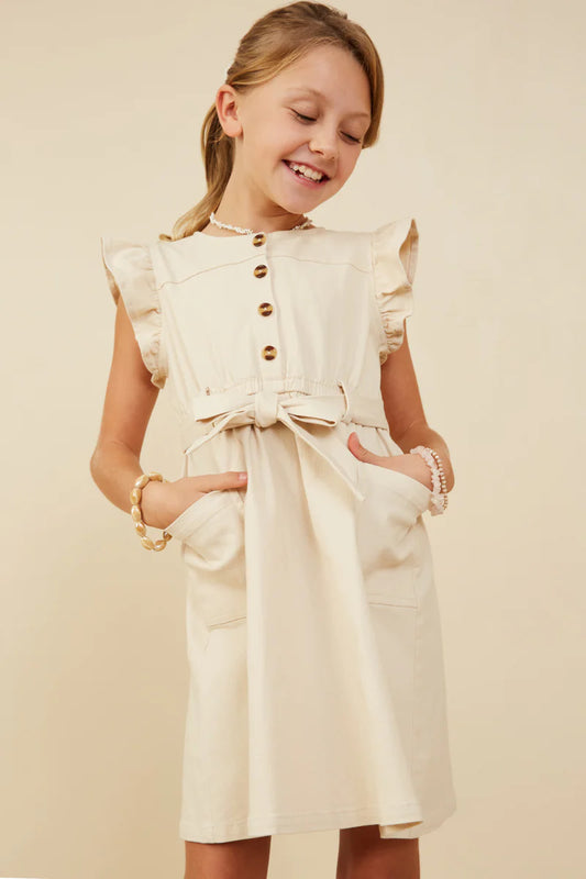 GIRLS BUTTON DETAIL BELTED RUFFLED DRESS - IVORY