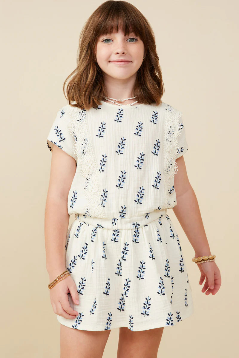 GIRLS CROCHET LACE TRIM FLORAL GAUZE TOP