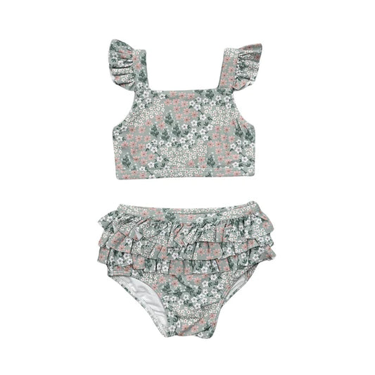 GIRL'S TWO-PIECE SWIMSUIT - AQUA GREY FLORAL