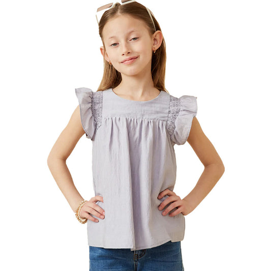 SMOCKED DETAIL RUFFLE SHOULDER TOP - LAVENDER