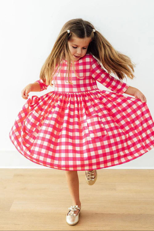 HOT PINK GINGHAM 3/4 SLEEVE POCKET TWIRL DRESS