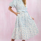 MIXED STRIPE/FLORAL BUBBLE HEM MIDI DRESS - BLUE